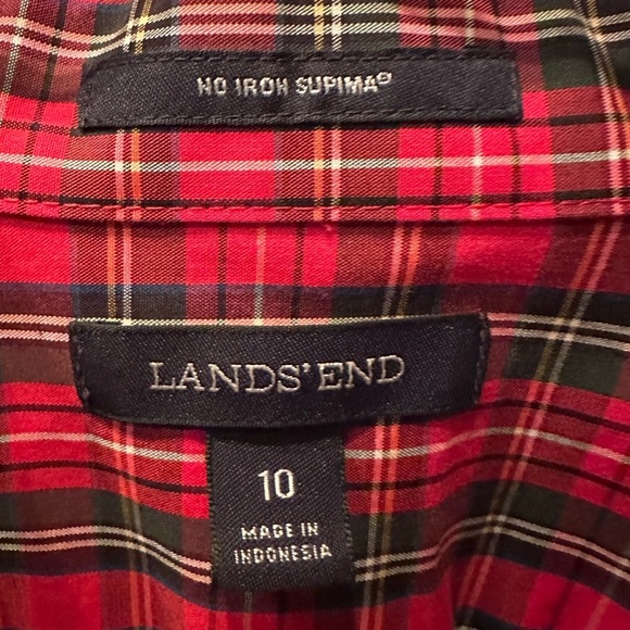 EUC Lands End Womens Red Plaid Festive Cotton Longsleeve Button Up Top SIZE 10 - Picture 4 of 5